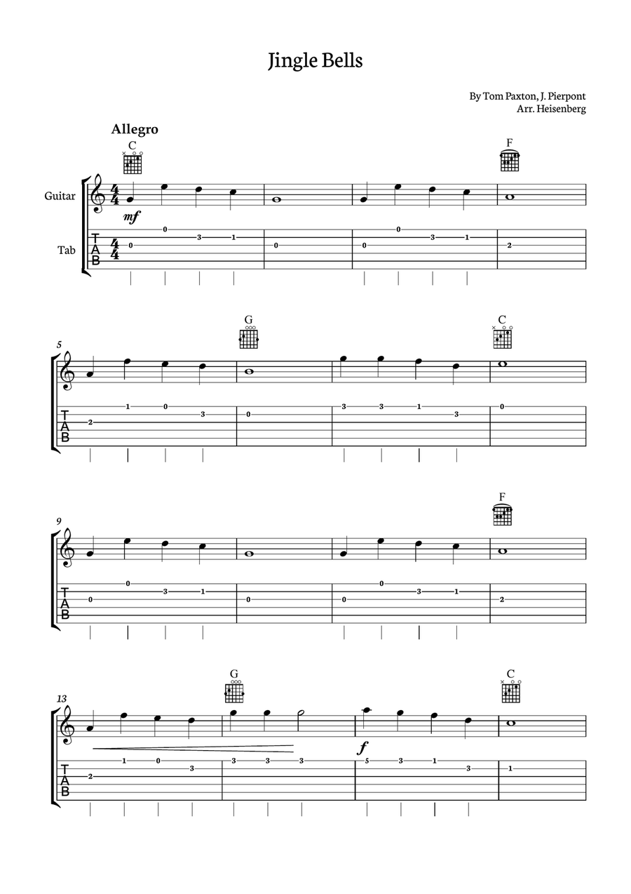 Jingle Bells for Guitar with chords Guitar Tablature scores gallery preview page 1