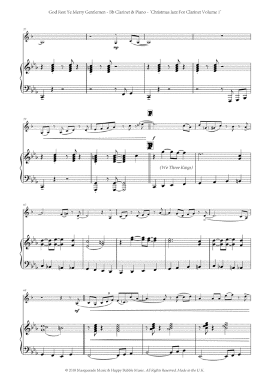 God Rest Ye Merry Gentlemen; A Funky Jazz arrangement for Bb Clarinet and Piano. Includes access to B-Flat Clarinet scores gallery preview page 4