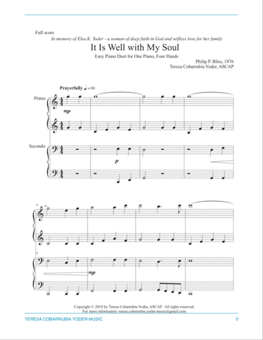 It Is Well With My Soul, Easy Piano Duet for 1 Piano/4 Hands by Teresa Cobarrubia Yoder, ASCAP Easy Piano scores gallery preview page 3