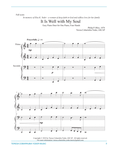 It Is Well With My Soul, Easy Piano Duet for 1 Piano/4 Hands by Teresa Cobarrubia Yoder, ASCAP image number null