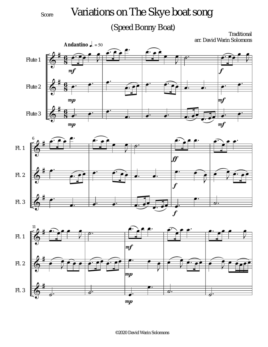 Variations on The Skye Boat Song (Speed bonnie boat) for flute trio (3 C flutes) Flute Trio scores gallery preview page 1