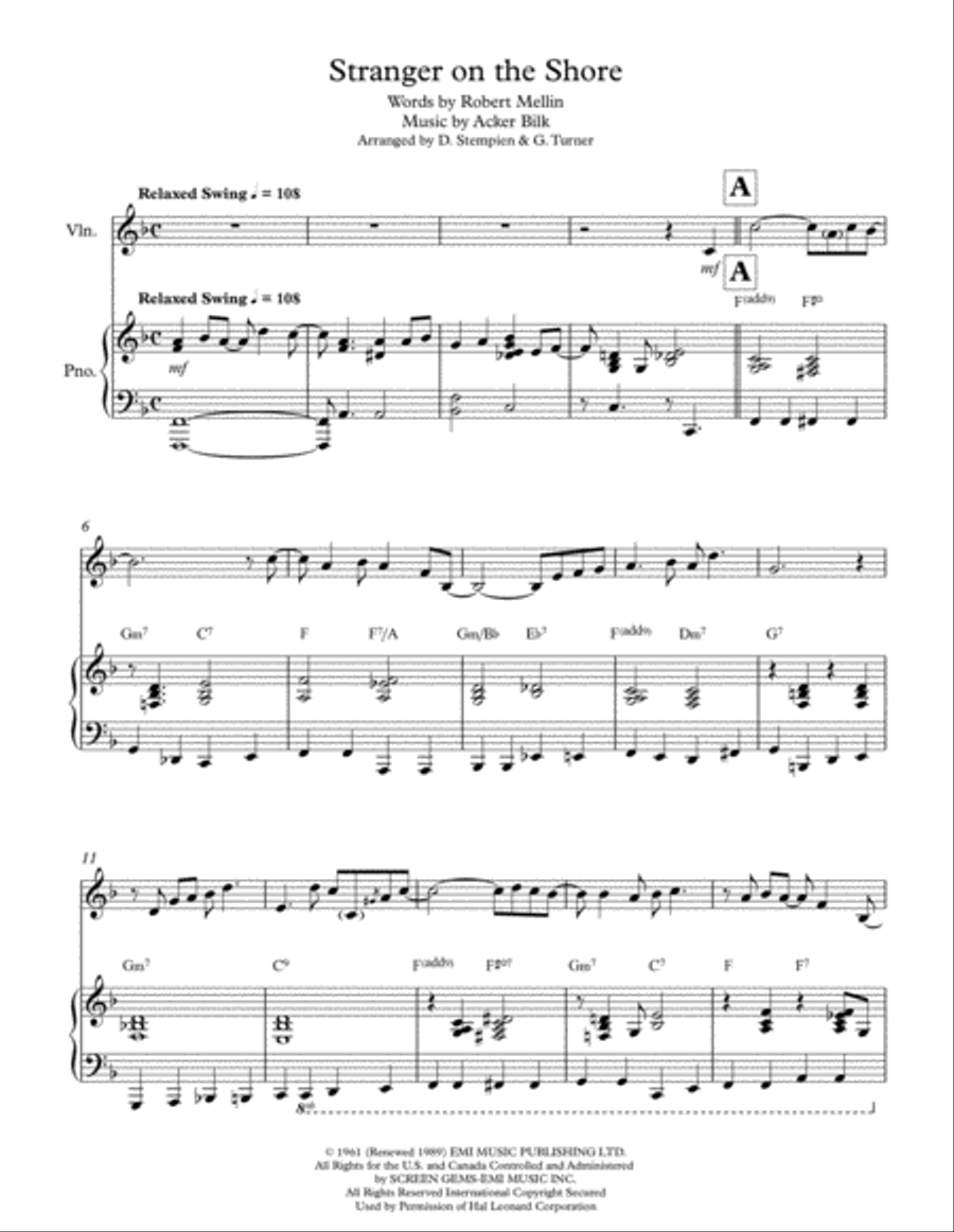 Stranger On The Shore Violin Solo scores gallery preview page 1