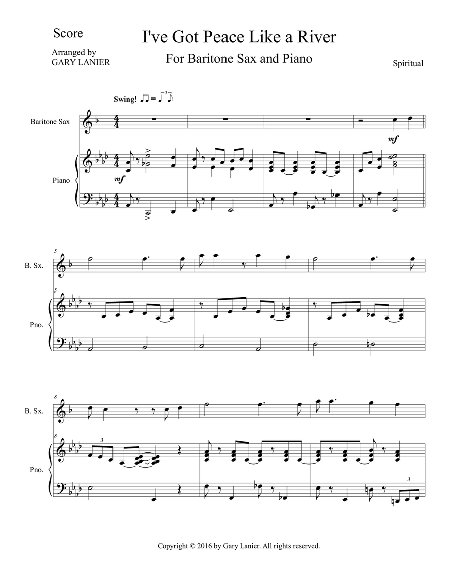 Gary Lanier: I'VE GOT PEACE LIKE A RIVER (Duet – Baritone Sax & Piano with Parts) Woodwind Duet scores gallery preview page 2