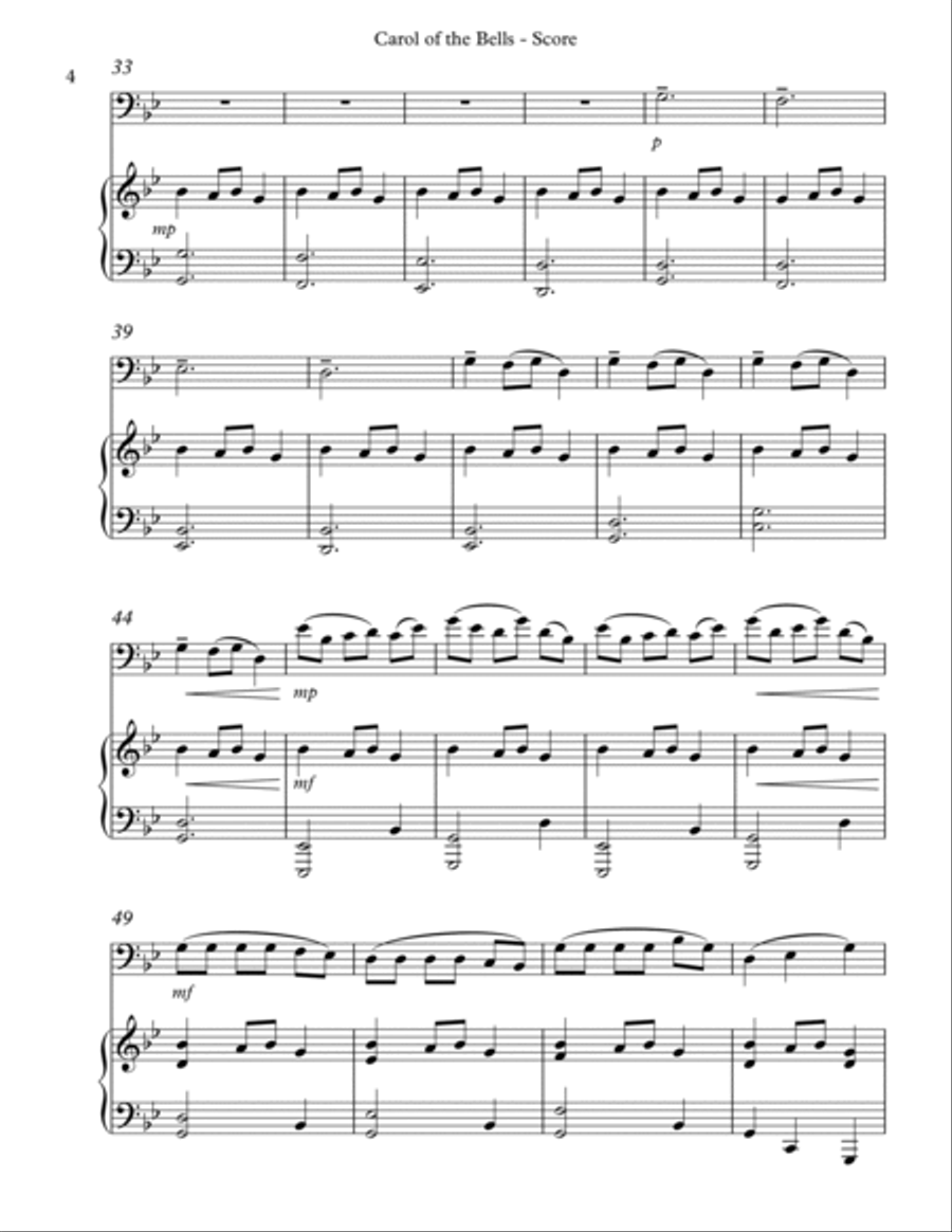 Carol of the Bells, Duet for Cello and Pedal Harp String Duet scores gallery preview page 4