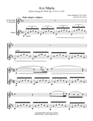 Book cover for Ave Maria (Schubert) for descant or treble recorder and guitar (D Major)