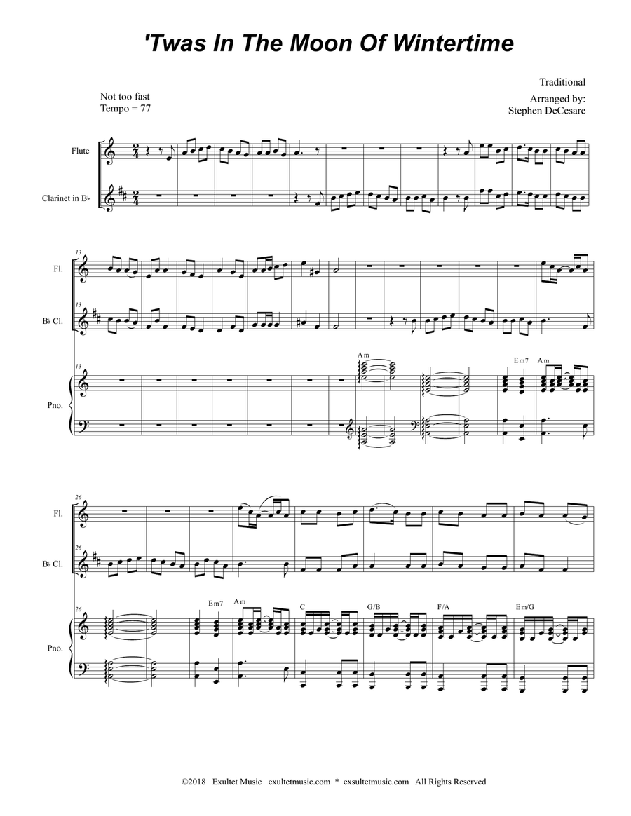 'Twas In The Moon Of Wintertime (Duet for Flute and Bb-Clarinet) Woodwind Duet scores gallery preview page 1