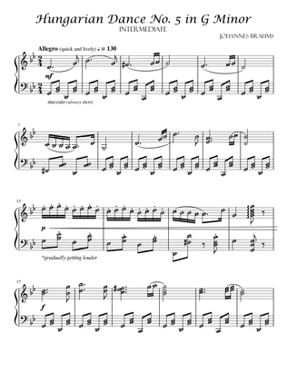 Hungarian Dance No. 5 in G Minor (Brahms) Piano Solo Grade 6 - 7 with note names and meanings