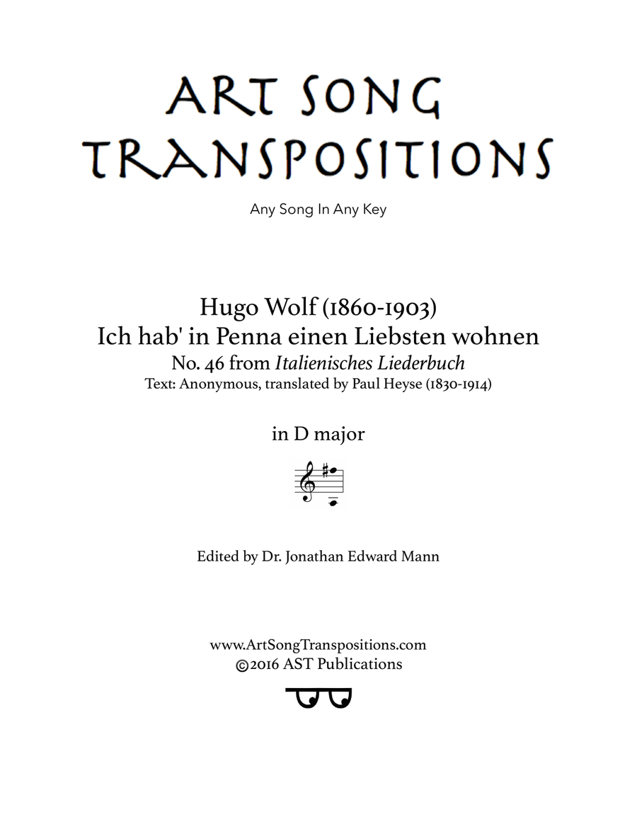 WOLF: Ich hab' in Penna einen Liebsten wohnen (transposed to D major) Piano, Vocal scores gallery preview page 1