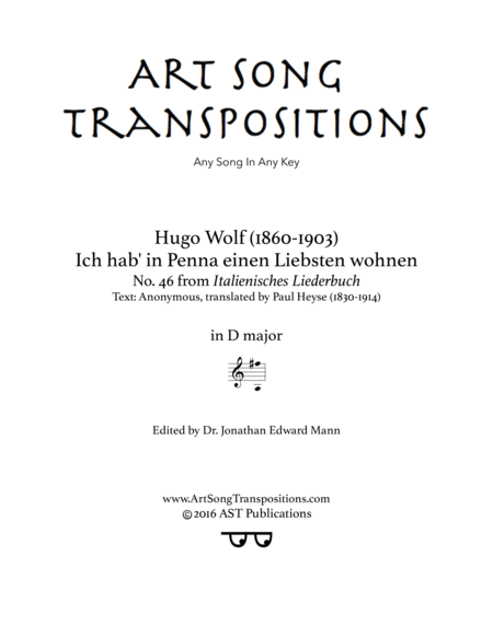 WOLF: Ich hab' in Penna einen Liebsten wohnen (transposed to D major)