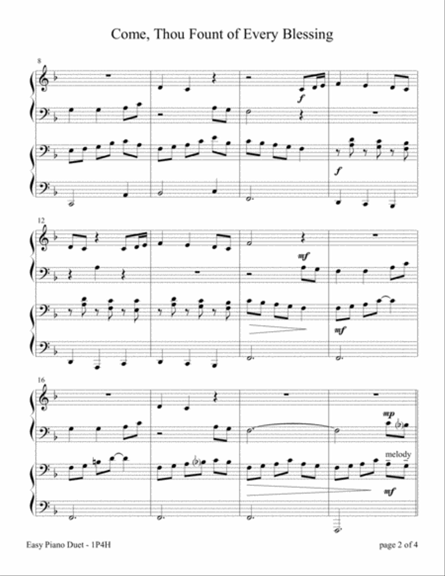 Come, Thou Fount of Every Blessing (Easy Piano Duet, 1 Piano, 4 Hands) Easy Piano scores gallery preview page 5