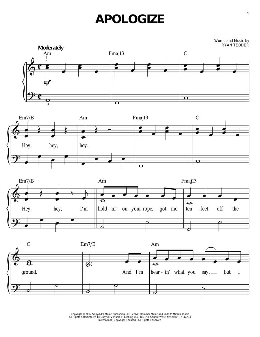 Apologize Apologize Easy Piano scores gallery preview page 1