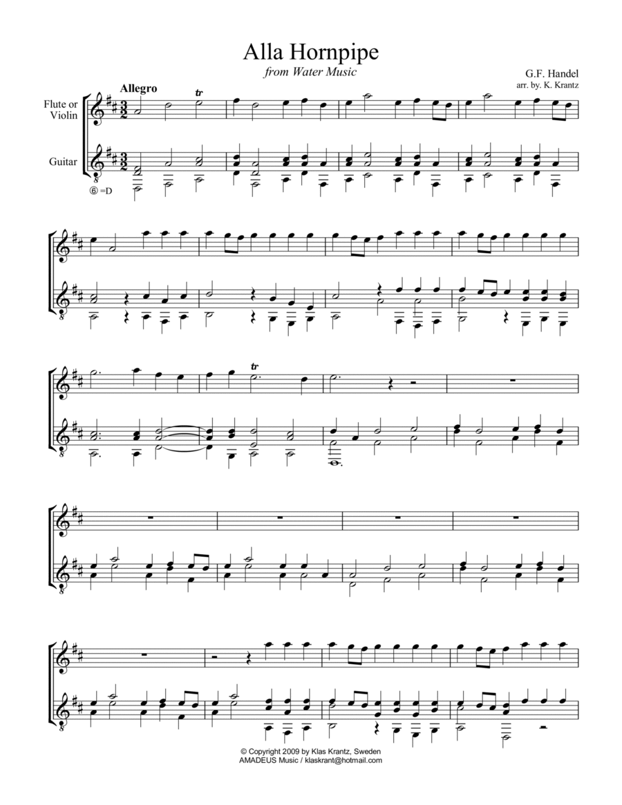 Alla Hornpipe from Water Music for violin or flute and guitar Flute scores gallery preview page 1