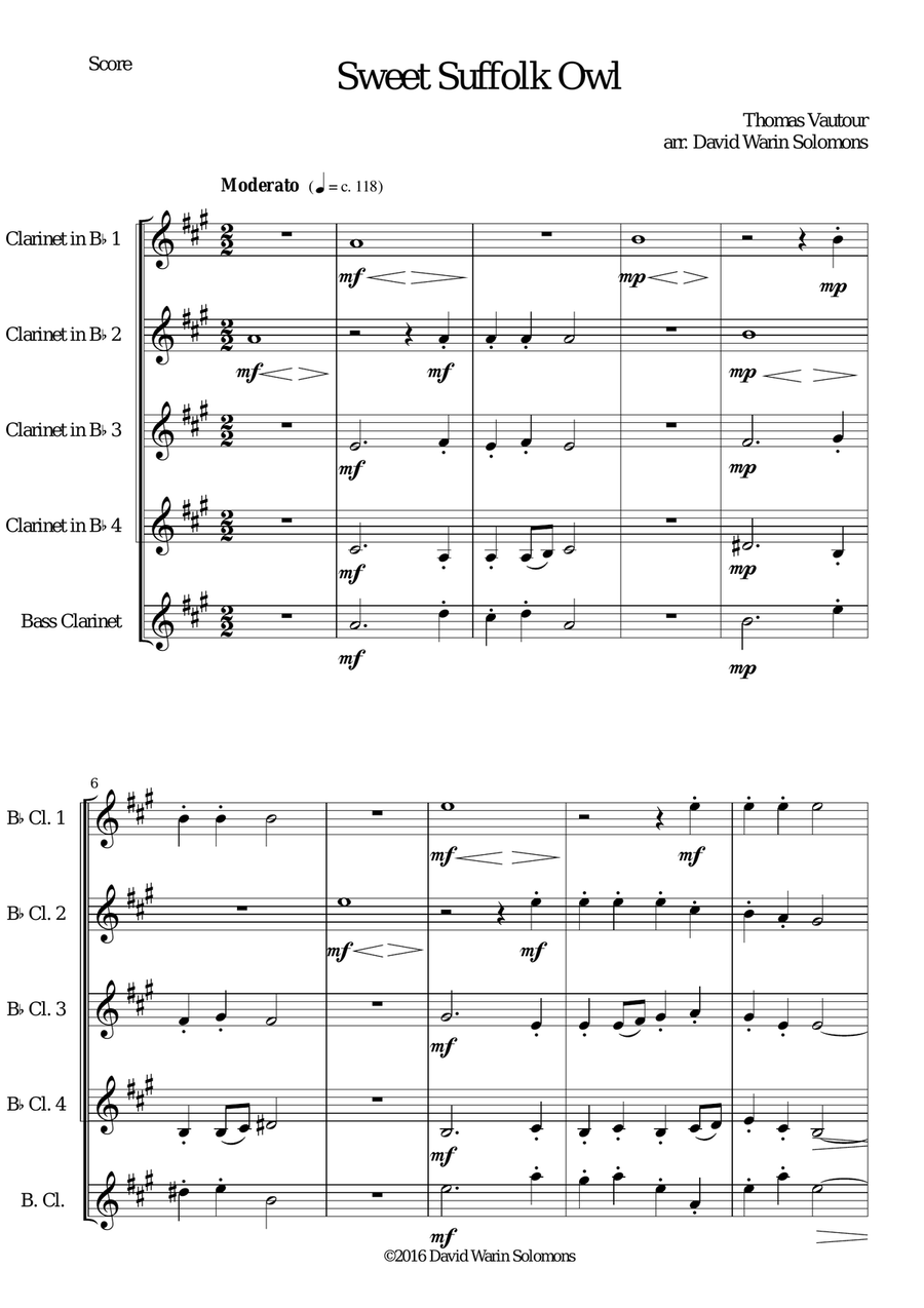 Sweet Suffolk Owl for Clarinet Quintet (4 B flats, Bass)