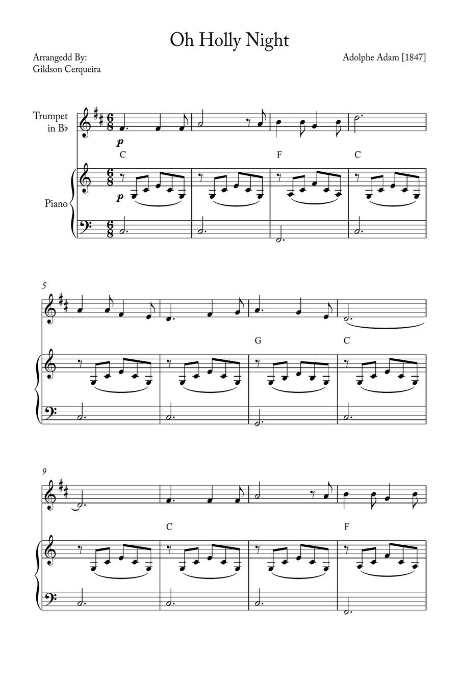 Oh Holy night B-Flat Trumpet scores gallery preview page 1