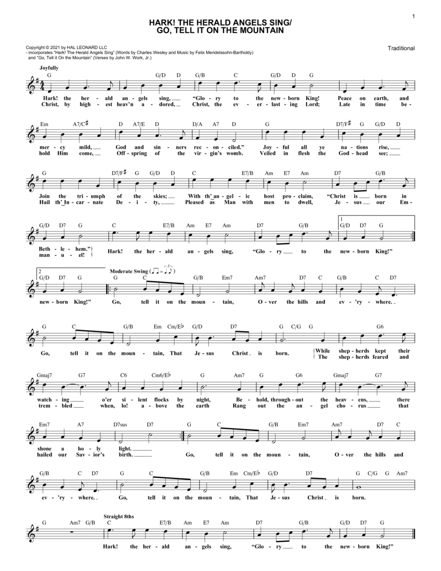 Hark! The Herald Angels Sing / Go, Tell It On The Mountain Piano scores gallery preview page 1