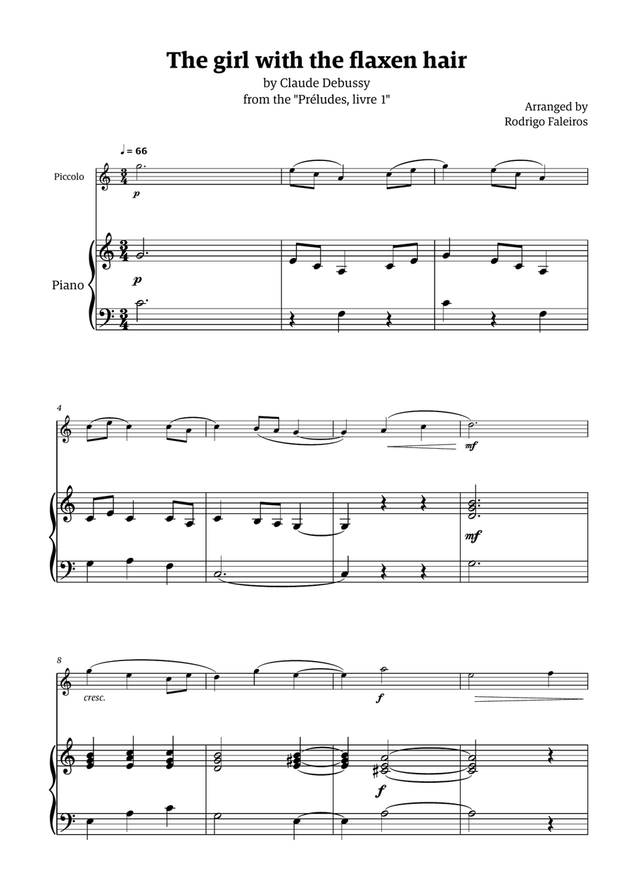 The Girl With The Flaxen Hair (piccolo with piano accompaniment) Piccolo scores gallery preview page 1