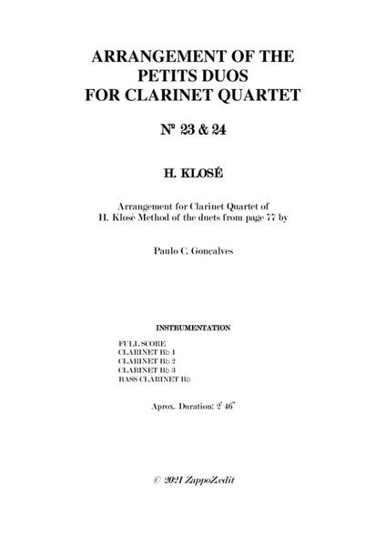 ARRANGEMENT OF THE PETITS DUOS FOR CLARINET QUARTET Nº 23 & 24 image number null