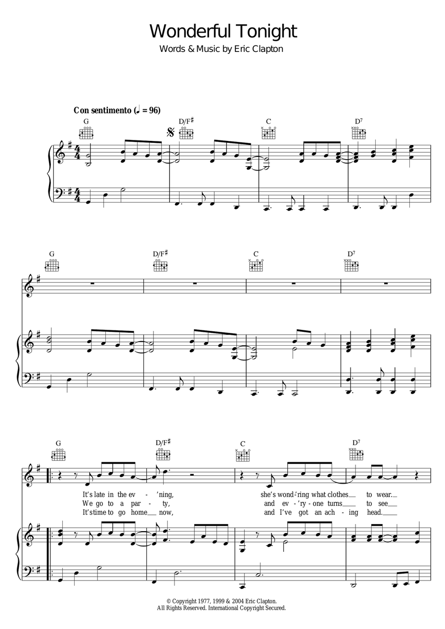 Wonderful Tonight Piano, Vocal, Guitar scores gallery preview page 1