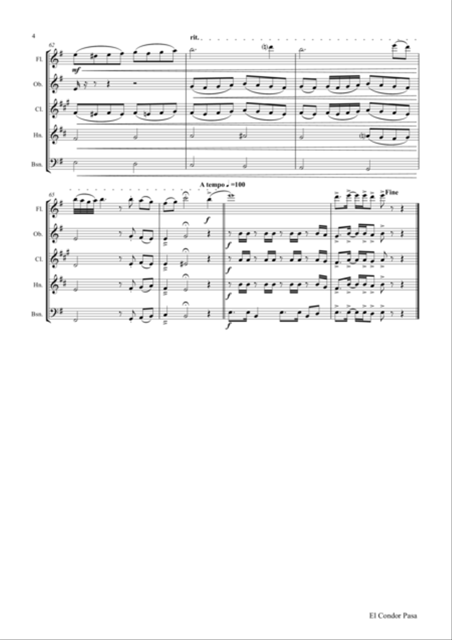 El Condor pasa - Peruvian Folk Song - Wind Quintet Woodwind Quintet scores gallery preview page 4