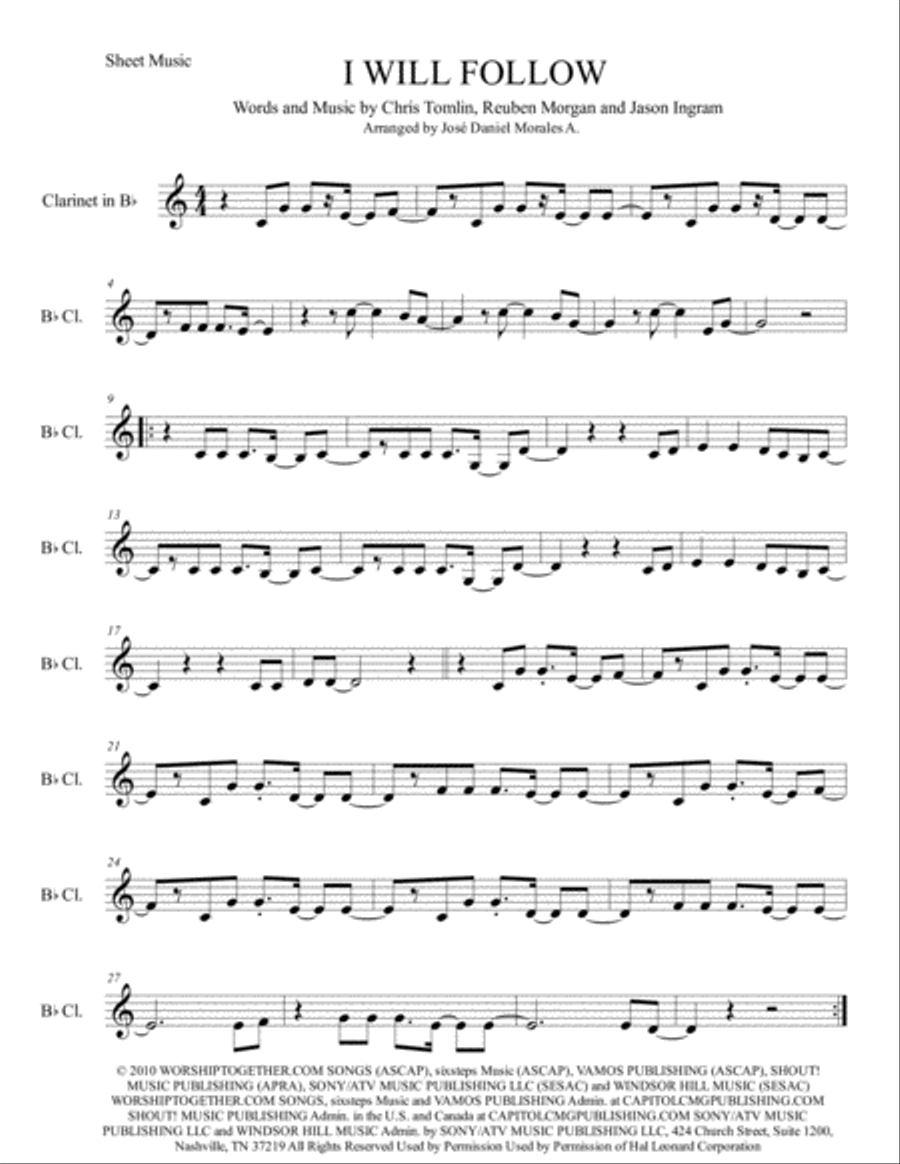 I Will Follow Clarinet Solo scores gallery preview page 1