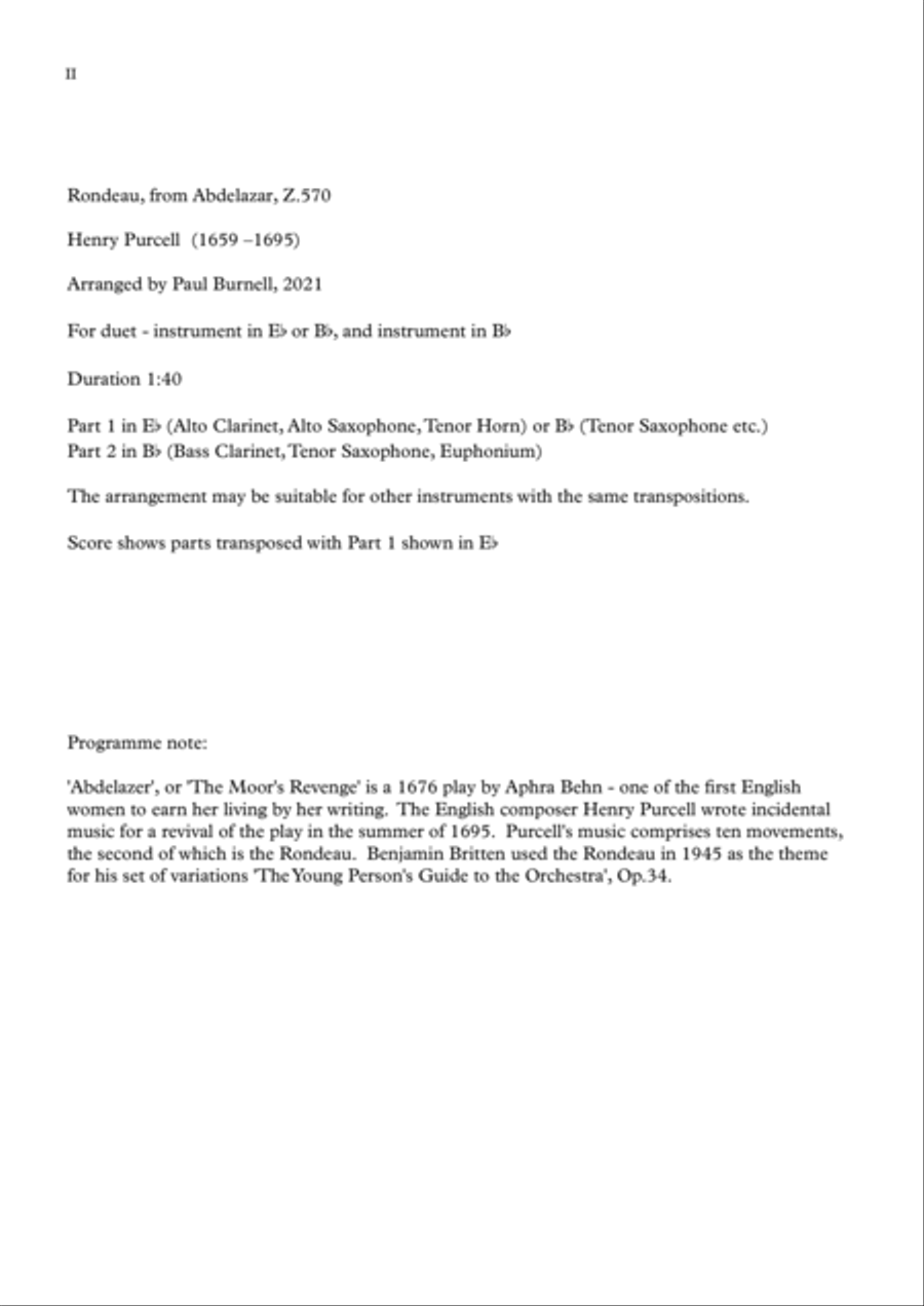 Rondeau, from Abdelazar, Z.570, arranged for duet: instrument in Eb or Bb, and instrument in Bb Small Ensemble scores gallery preview page 2