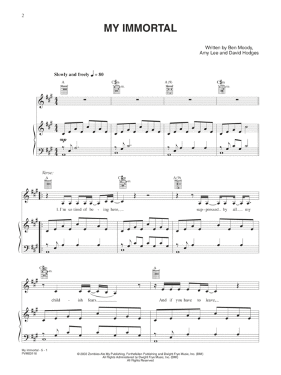 My Immortal Piano, Vocal, Guitar scores gallery preview page 1