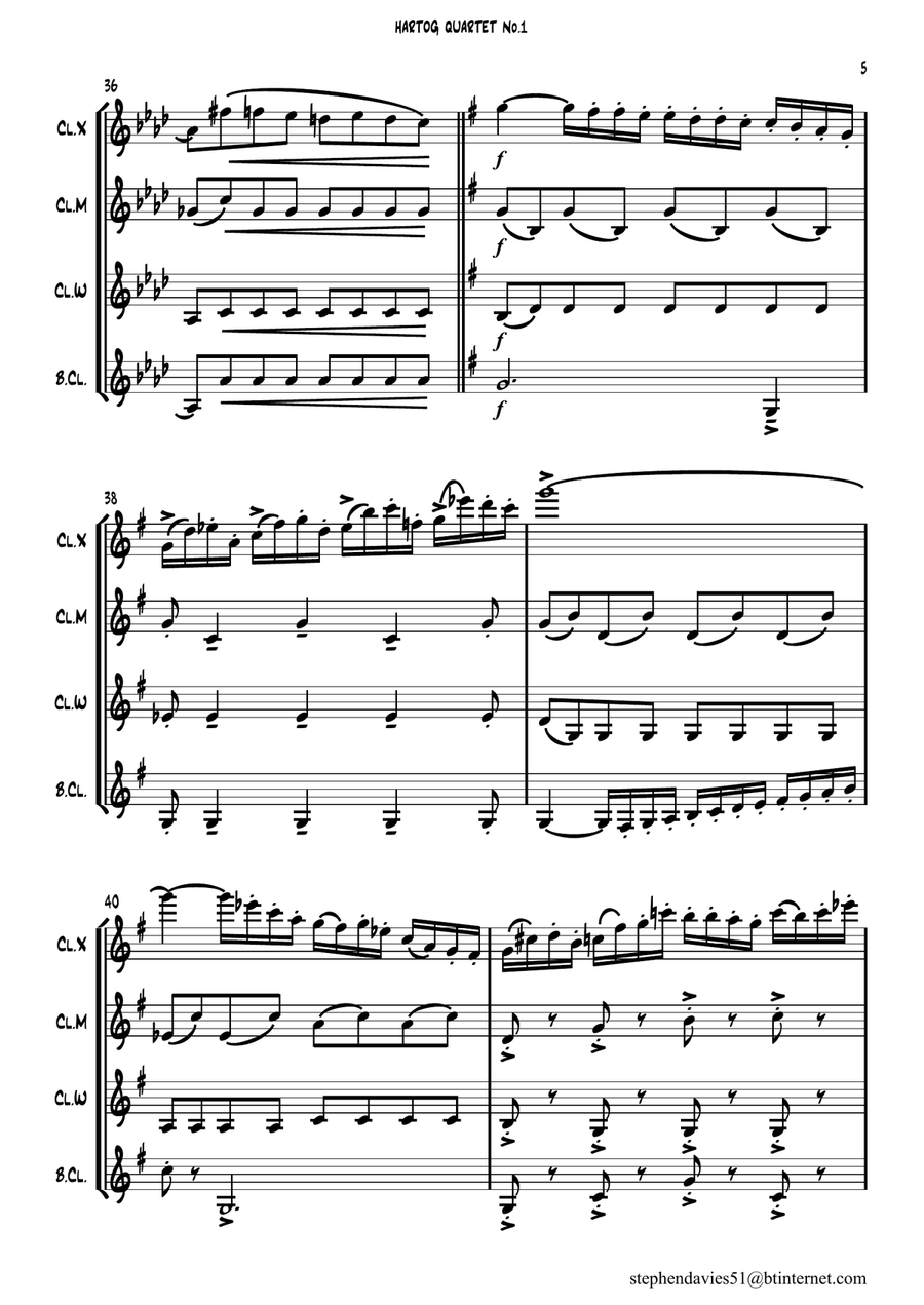 Quartet No.1 By Edouard de Hartog Op.35 for Clarinet Quartet. Clarinet Quartet scores gallery preview page 5
