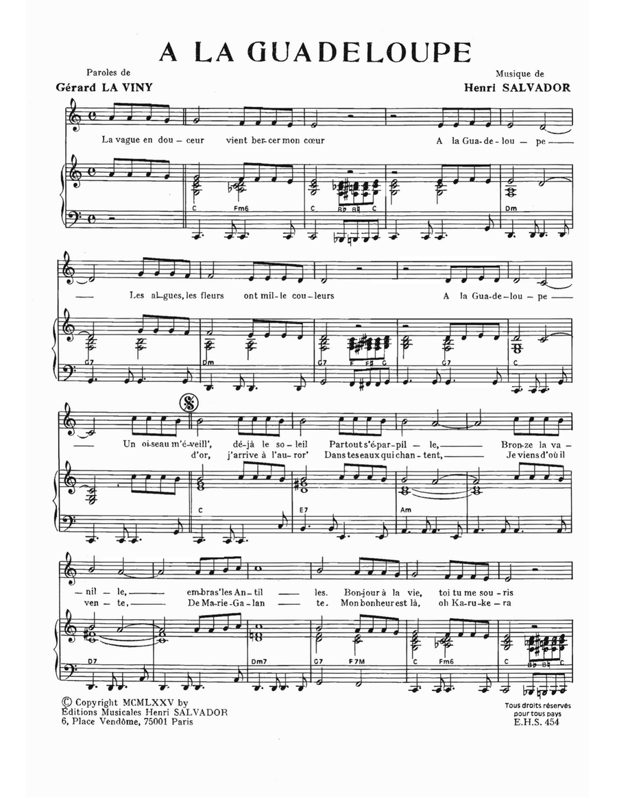 A La Guadeloupe Piano, Vocal, Guitar scores gallery preview page 1
