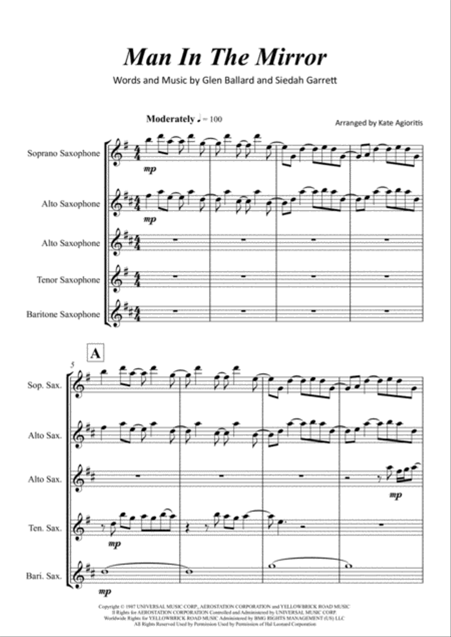 Man In The Mirror Saxophone Quartet scores gallery preview page 2