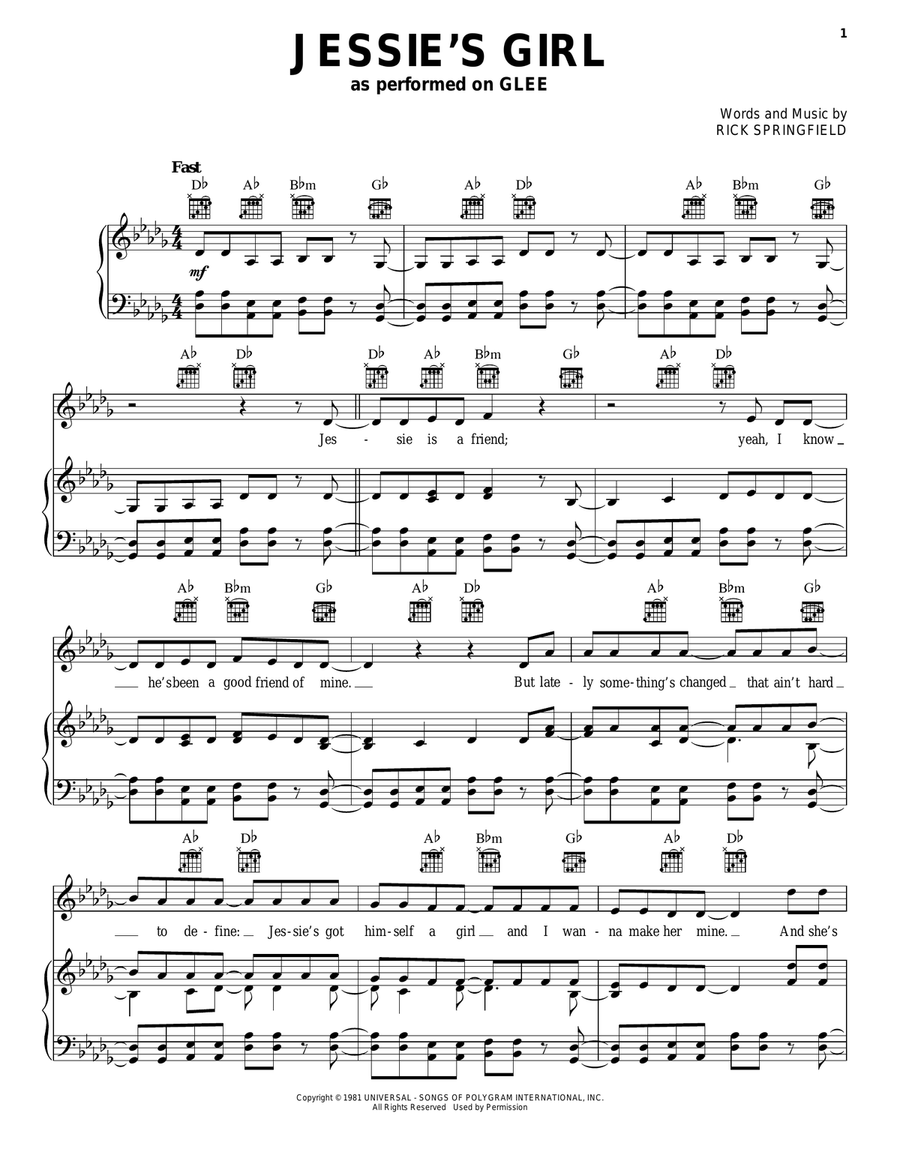 Jessie's Girl Jessie's Girl Piano, Vocal, Guitar scores gallery preview page 1