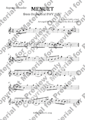 Menuet BWV 1067 For Recorder Quartet