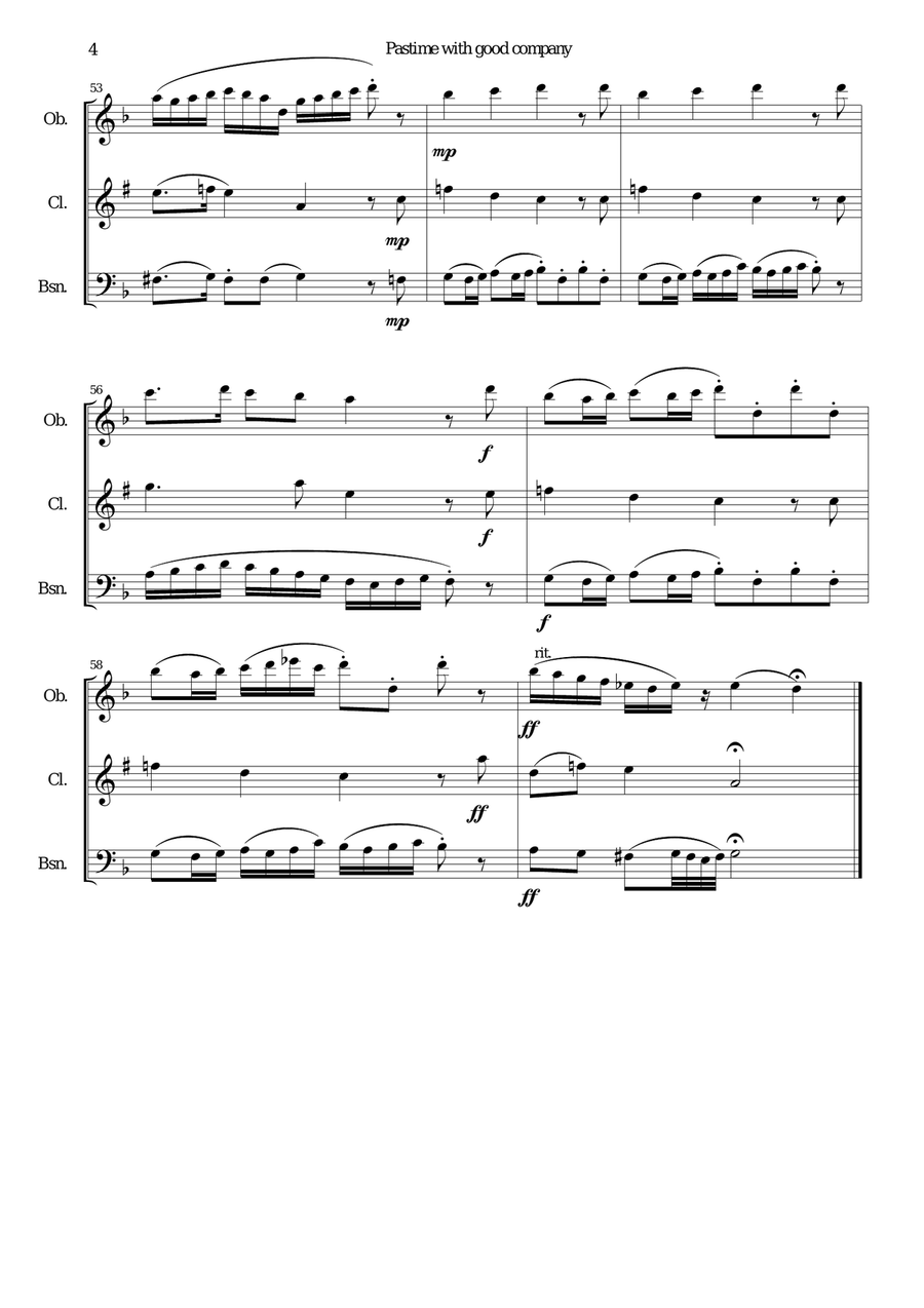 Pastime with good company for wind trio (oboe, clarinet, bassoon) Pastime with good company for wind trio (oboe, clarinet, bassoon) Woodwind Trio scores gallery preview page 4