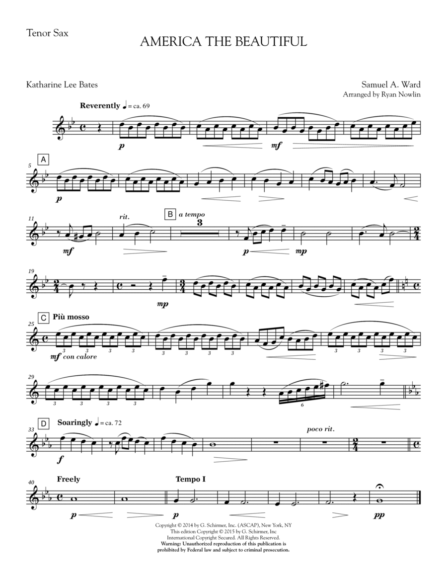 America, the Beautiful - Tenor Saxophone Choir scores gallery preview page 1