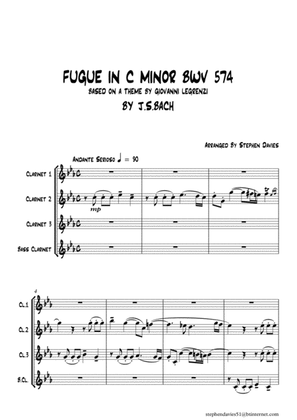 Book cover for Fugue in C Minor by J.S.Bach BWV574 for Clarinet Quartet.