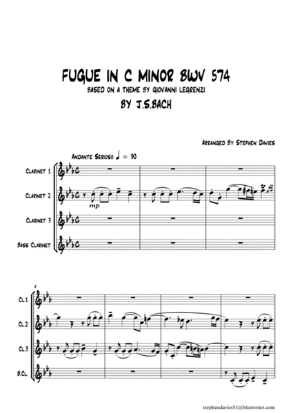 Fugue in C Minor by J.S.Bach BWV574 for Clarinet Quartet. image number null
