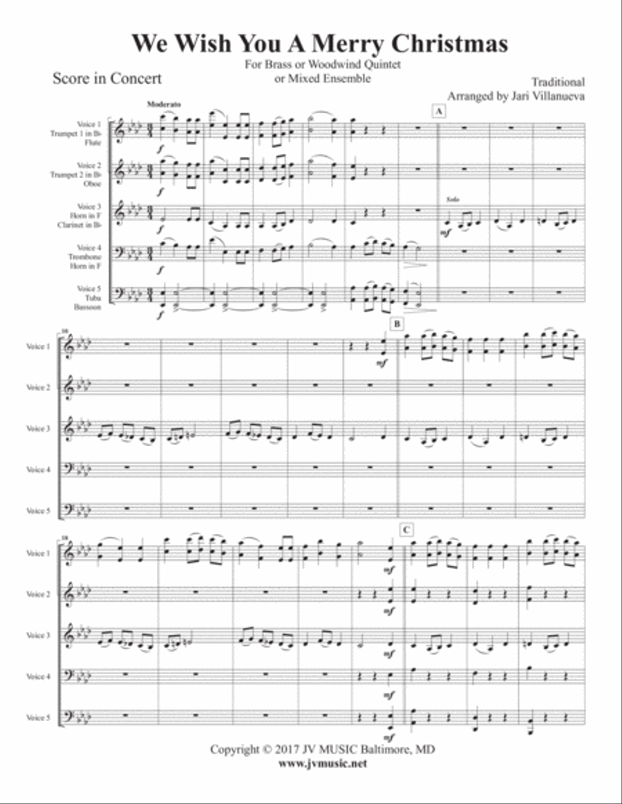 We Wish You A Merry Christmas for Brass or Woodwind Quintet or Mixed Ensemble Concert Band scores gallery preview page 2