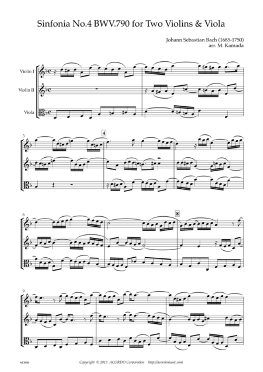 Sinfonia No.4 BWV.790 for Two Violins & Viola String Duet scores gallery preview page 1