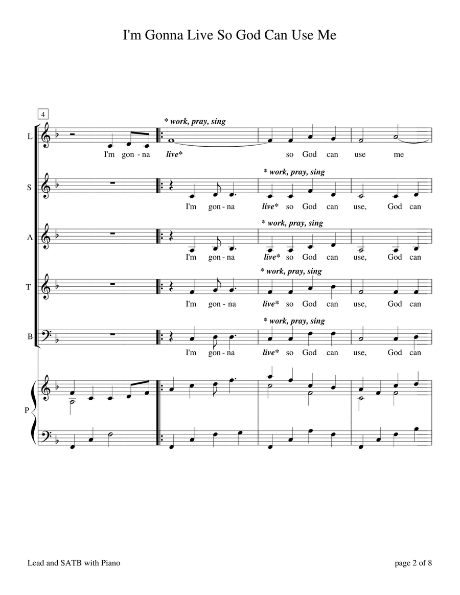 I'm Gonna Live So God Can Use Me (for Lead and SATB Choir A Cappella or with Piano Accompaniment) 4-Part scores gallery preview page 3