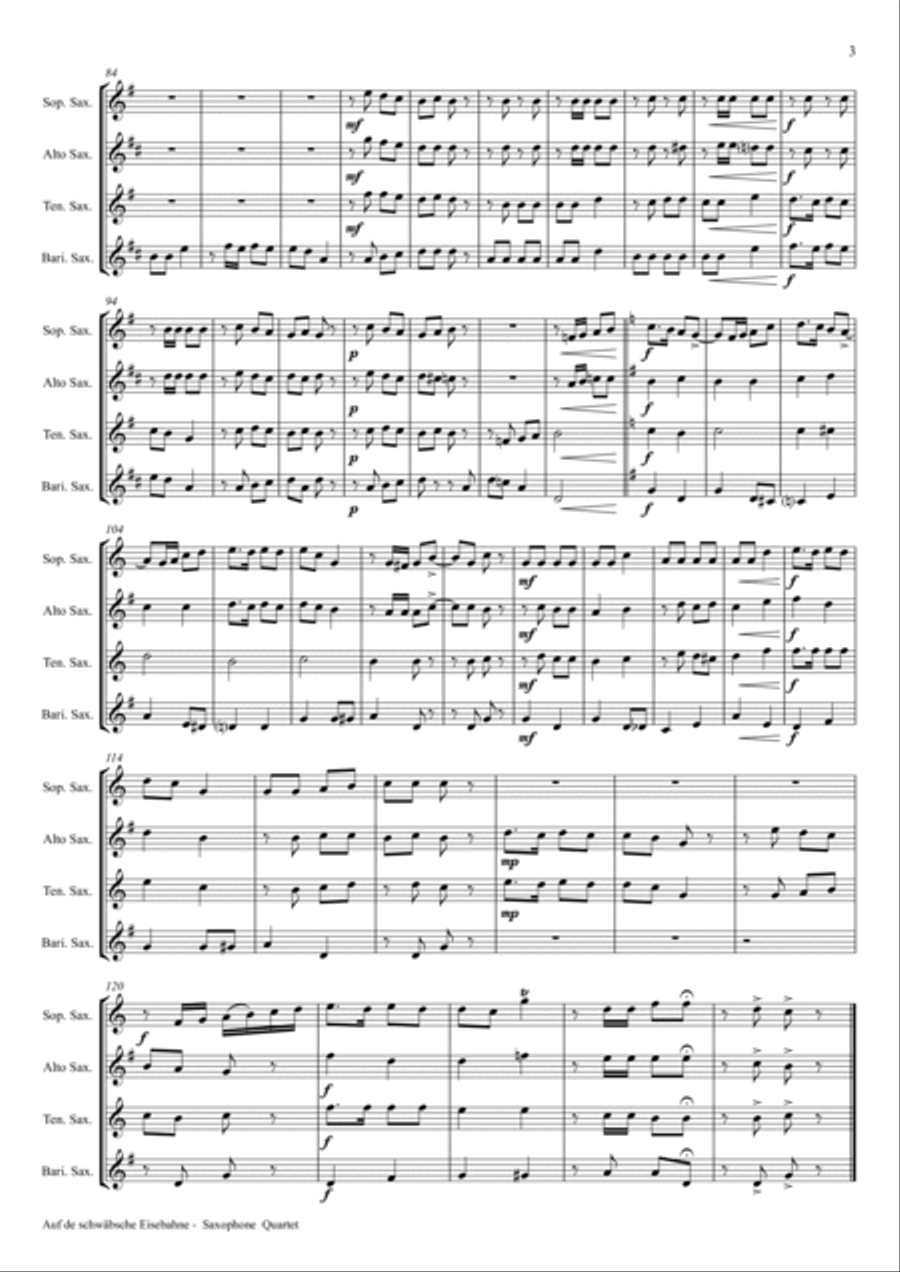 Auf der schäbsche Eisebahne - Swabian anthem/Oktoberfest - Saxophone Quartet Saxophone Quartet scores gallery preview page 3