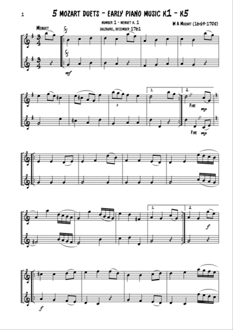5 Mozart Violin duets String Duet scores gallery preview page 1