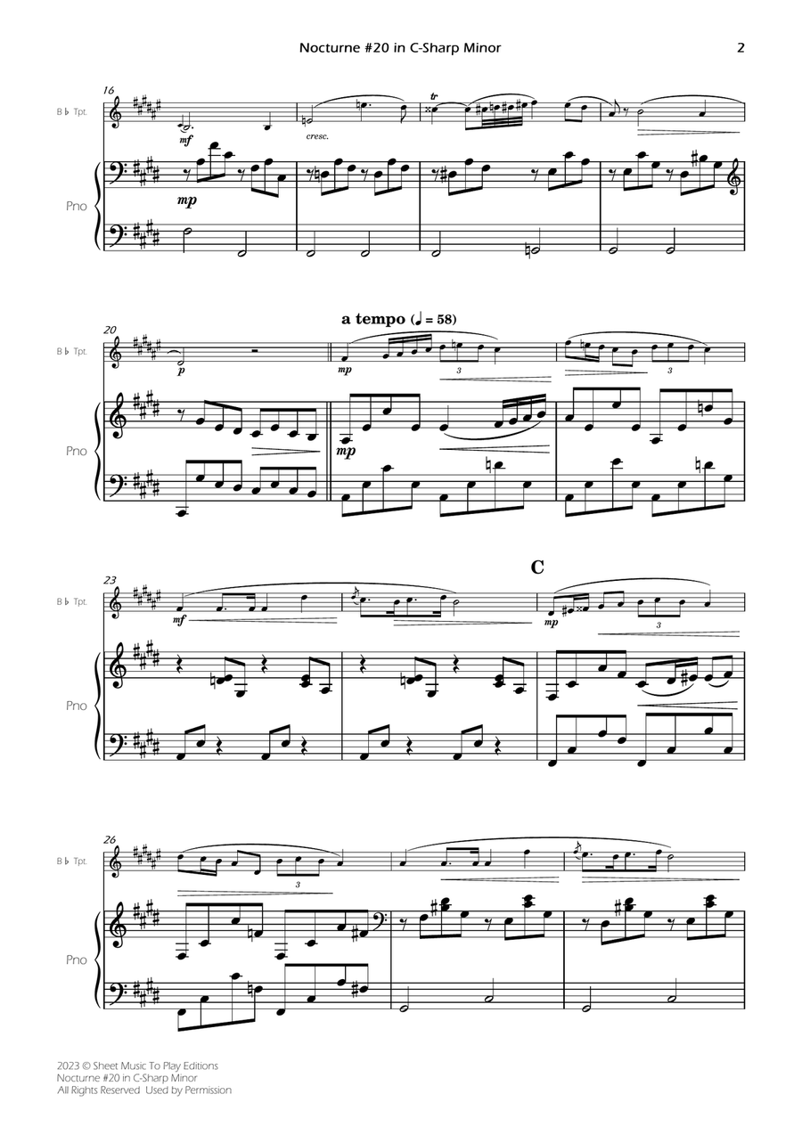 Nocturne No.20 in C-Sharp minor - Bb Trumpet and Piano (Full Score and Parts) B-Flat Trumpet scores gallery preview page 4
