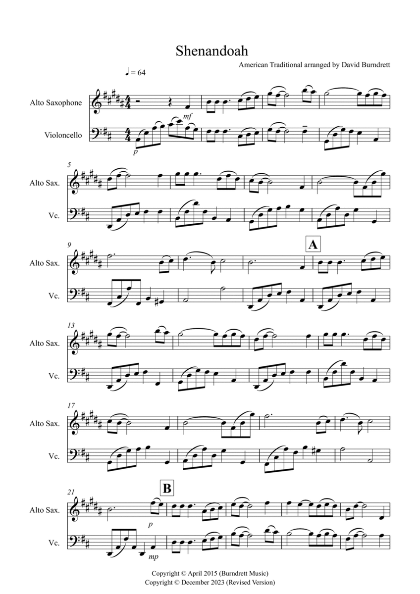 Shenandoah for Alto Saxophone and Cello Duet image number null