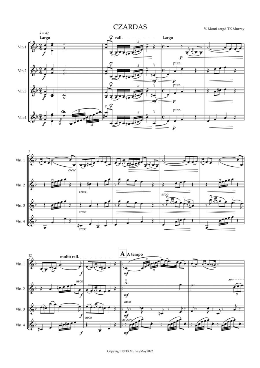 Czardas by Monti for 4 Violins/Violin Group Violin scores gallery preview page 1