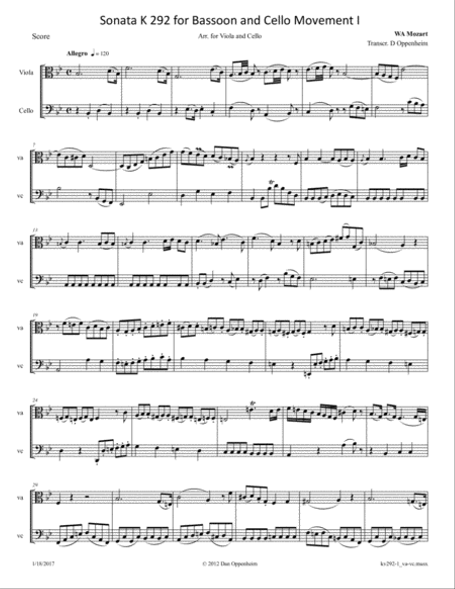 Mozart: Sonata for Bassoon and Cello K 292 Mvt 1 arranged for Viola and Cello Bassoon scores gallery preview page 1