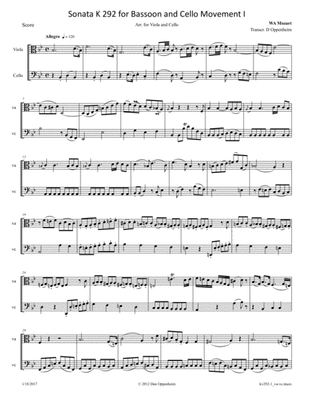 Mozart: Sonata for Bassoon and Cello K 292 Mvt 1 arranged for Viola and Cello image number null