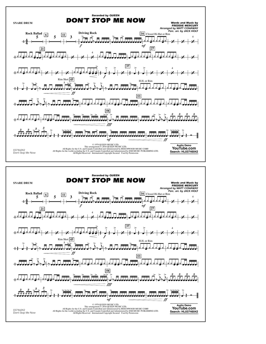 Don't Stop Me Now - Snare Drum Percussion scores gallery preview page 1