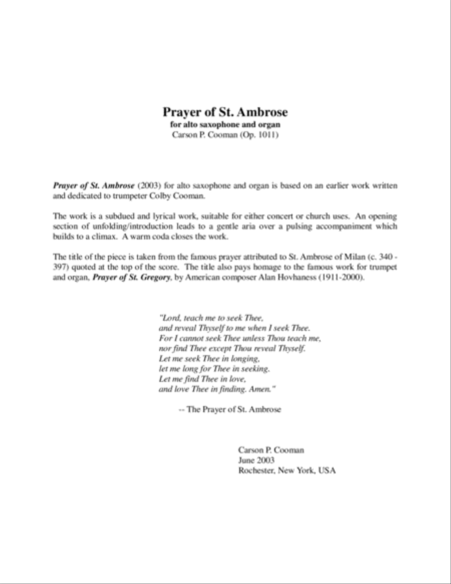 Carson P. Cooman : Prayer of St. Ambrose for alto saxophone and organ (Op. 495) Woodwind Duet scores gallery preview page 1