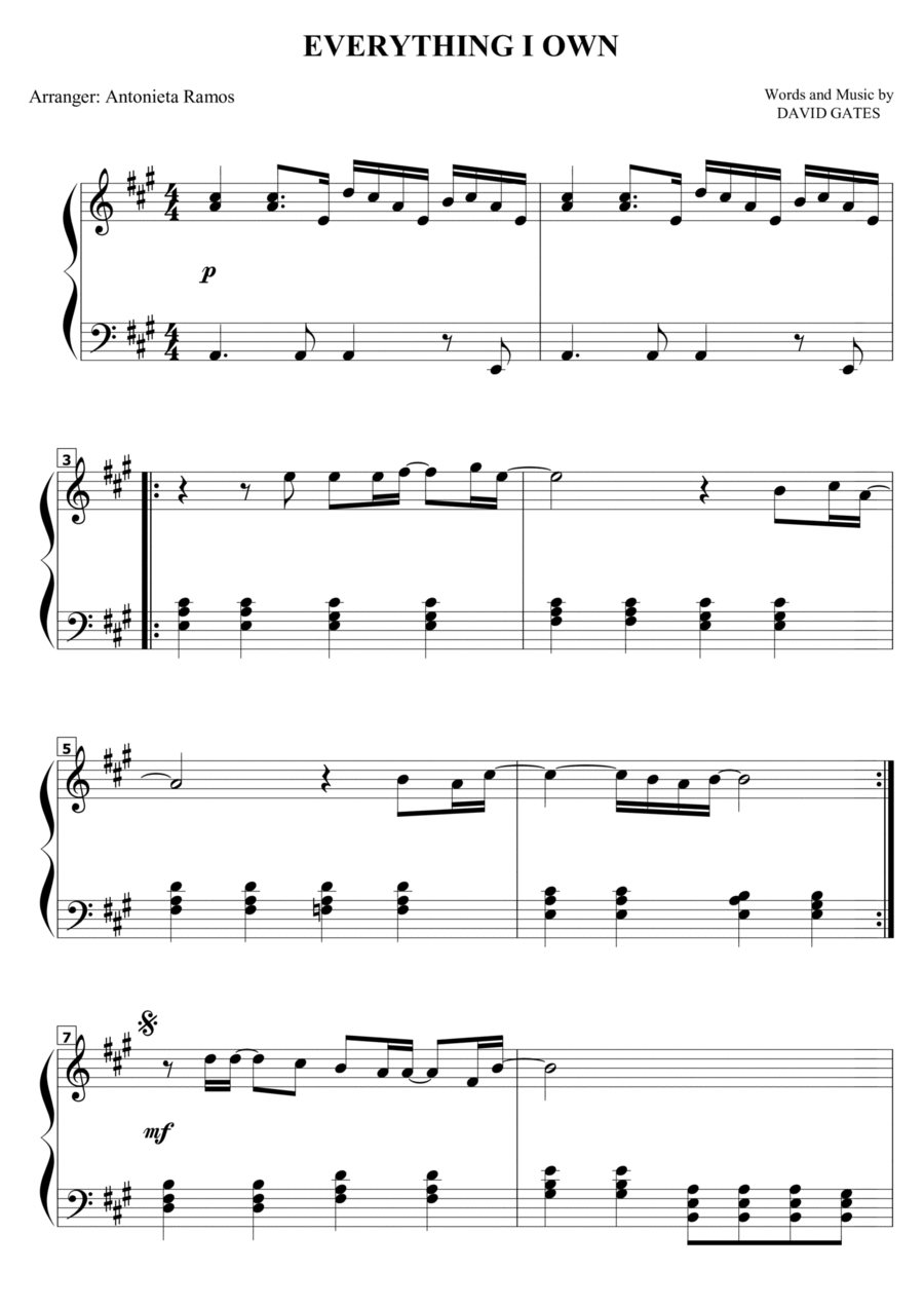 Everything I Own Piano Solo scores gallery preview page 1