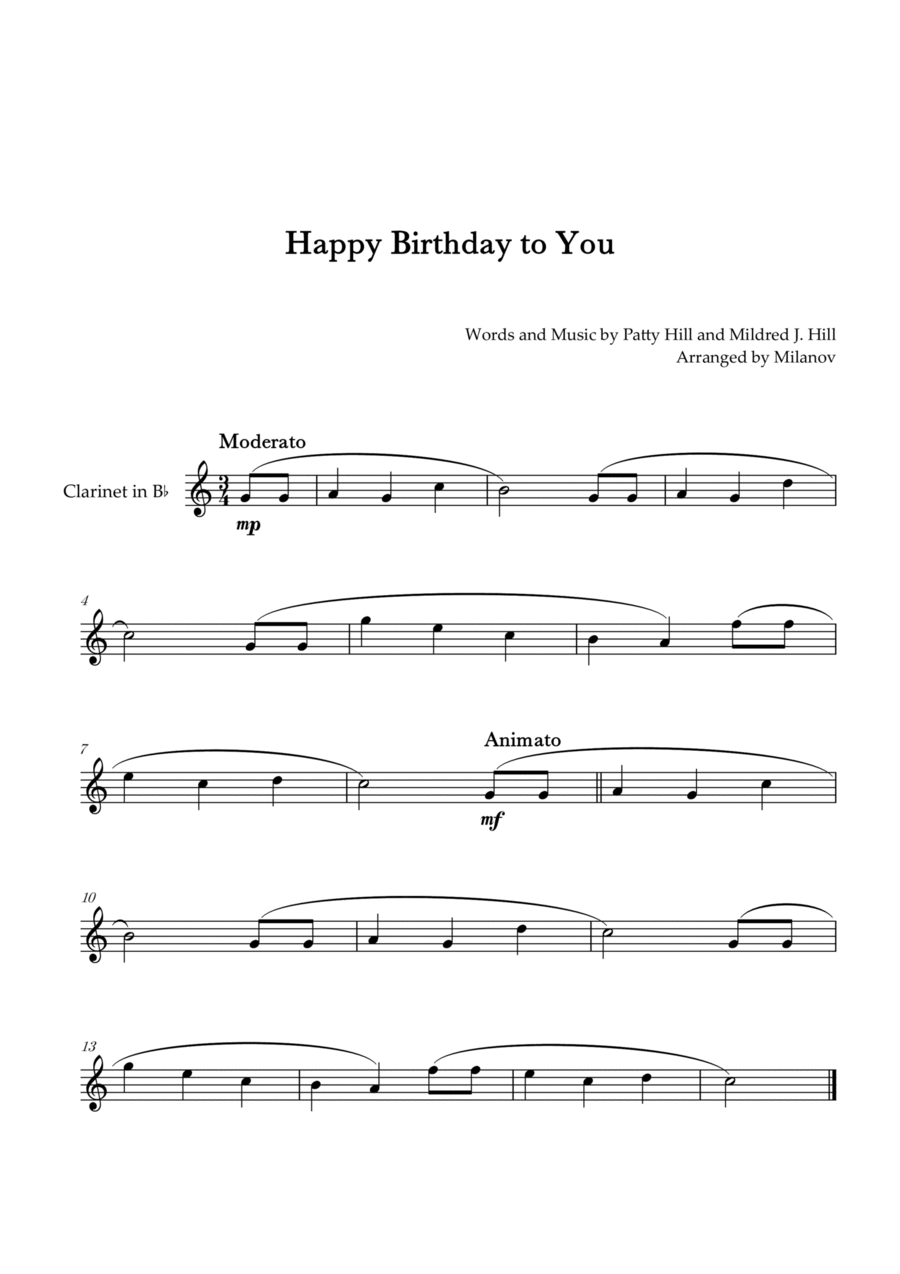 Happy Birthday to You | Clarinet in Bb | B-flat Major B-Flat Clarinet scores gallery preview page 1