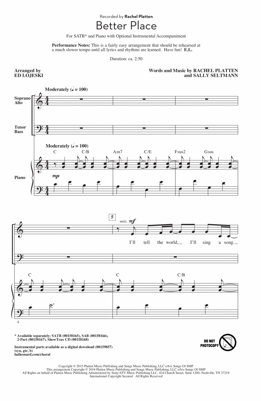 Better Place (arr. Ed Lojeski) 4-Part scores gallery preview page 1